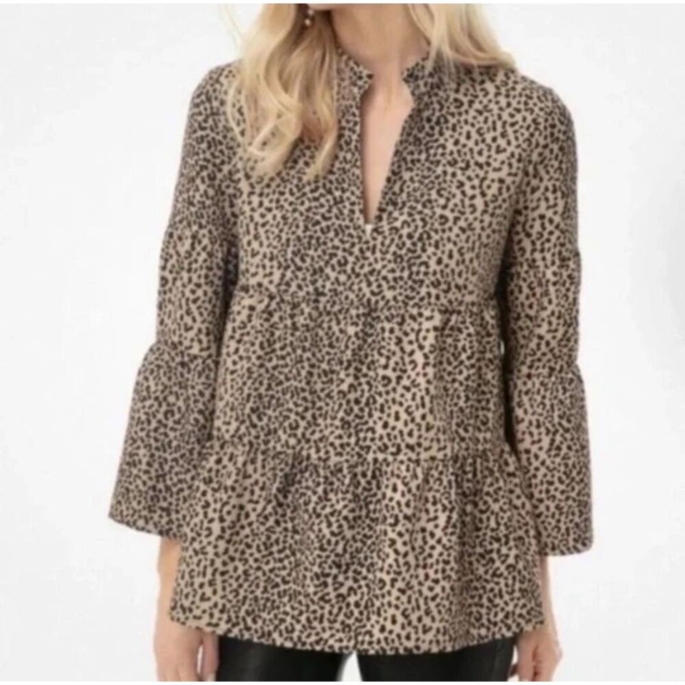 TUCKERNUCK Leopard Print Edith Tiered Blouse, Brown/Black, Sz XS